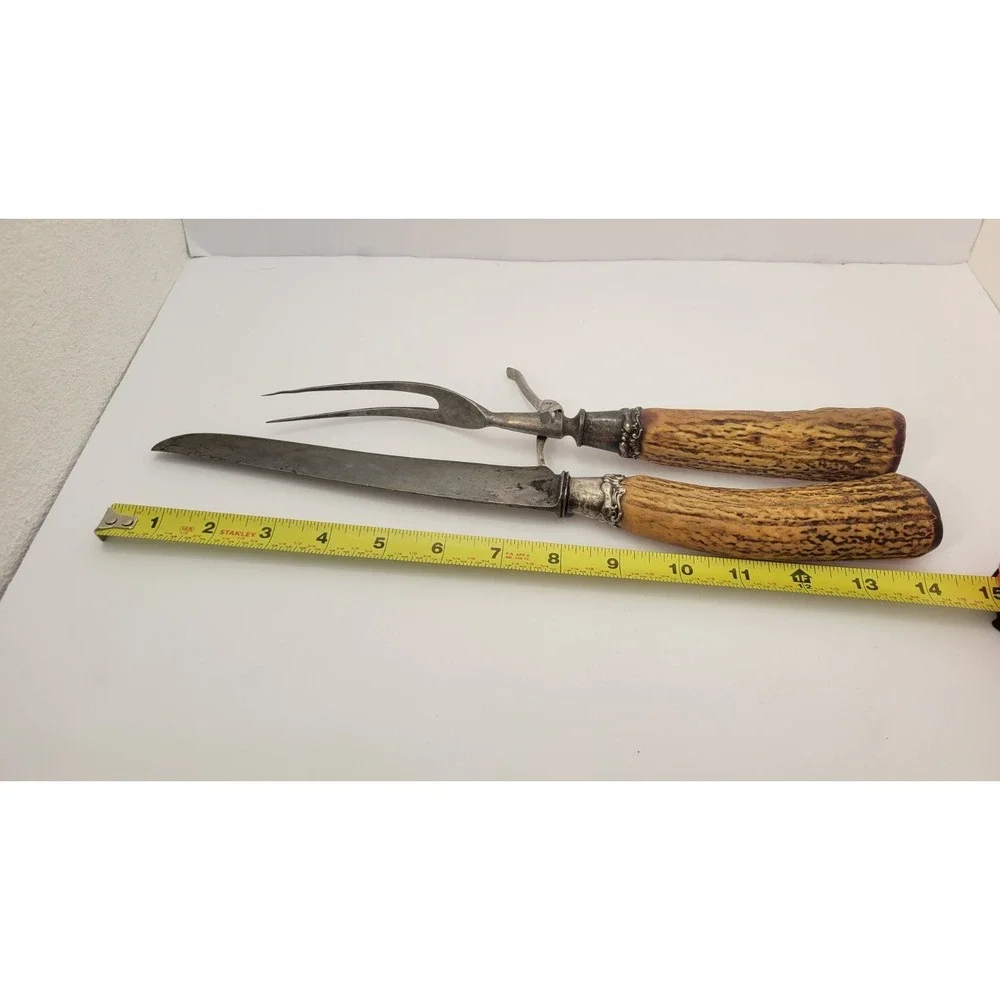 Antique Landers Frary Clark Stag Antler Carving Knife Fork Set Aetna Works